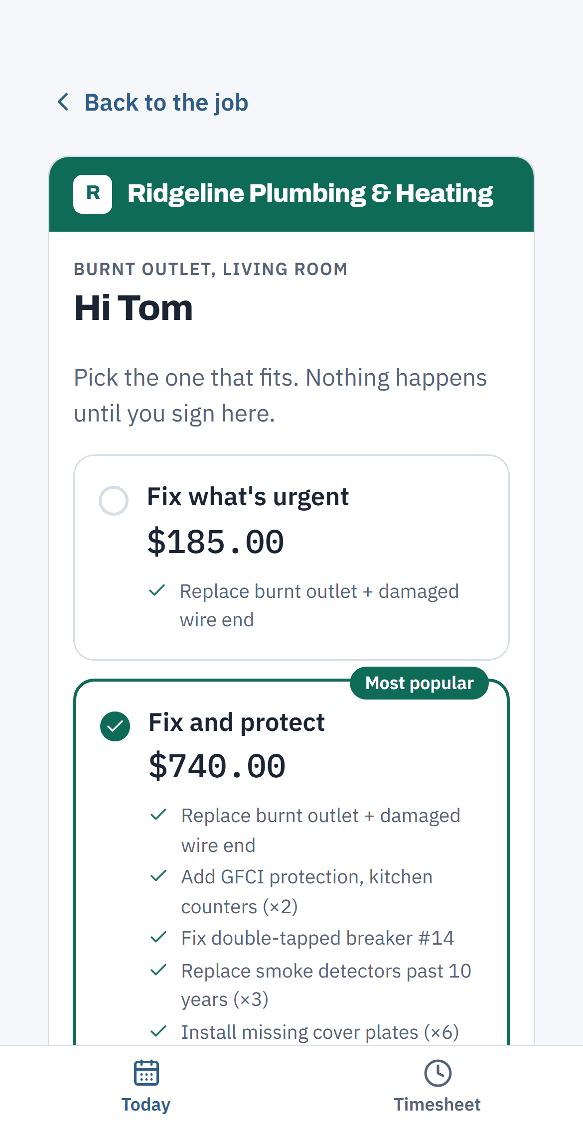 Three options built from the walkthrough, on Tom's screen.