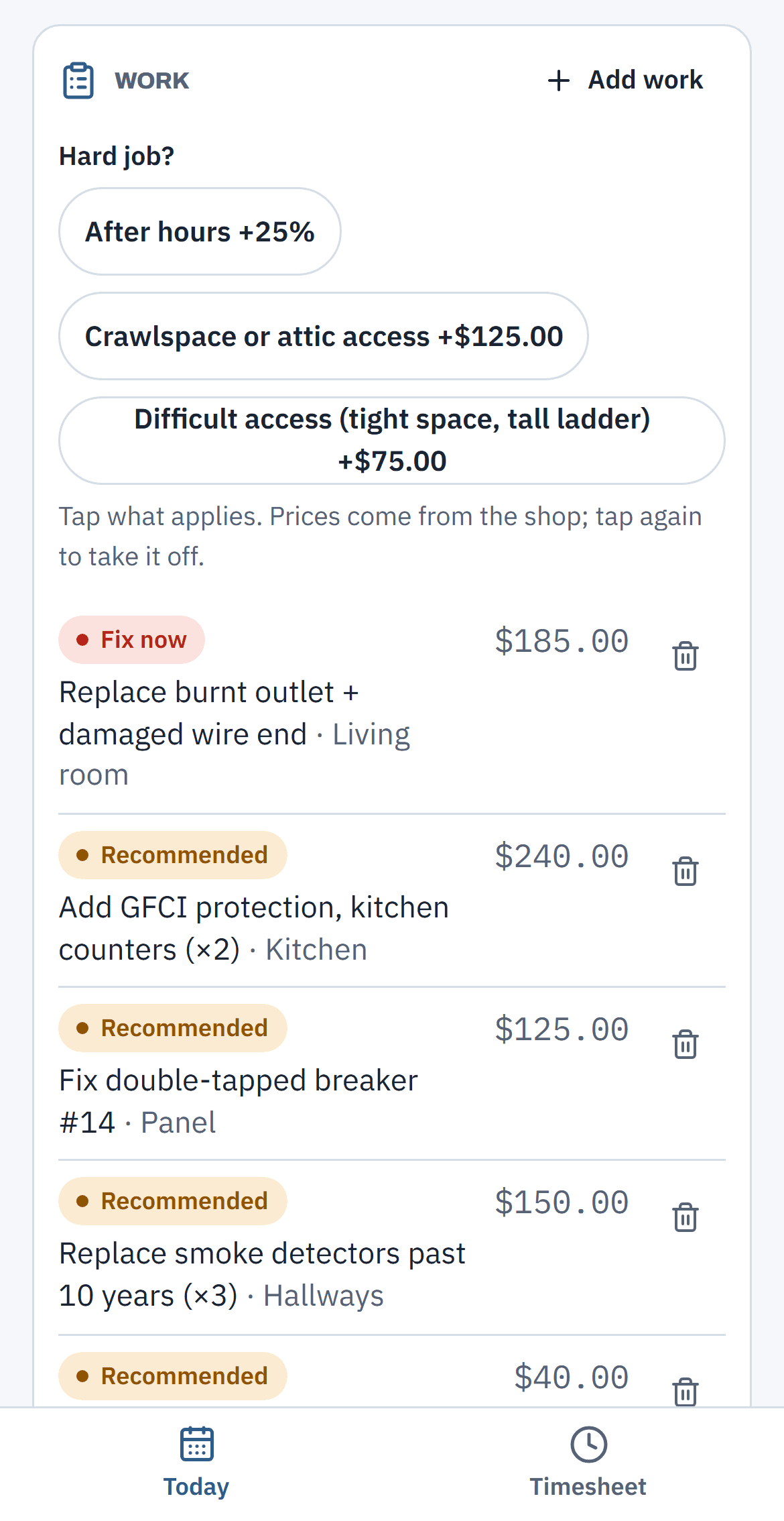 Dev's work list: the burnt outlet as Fix now, and what he recommends.
