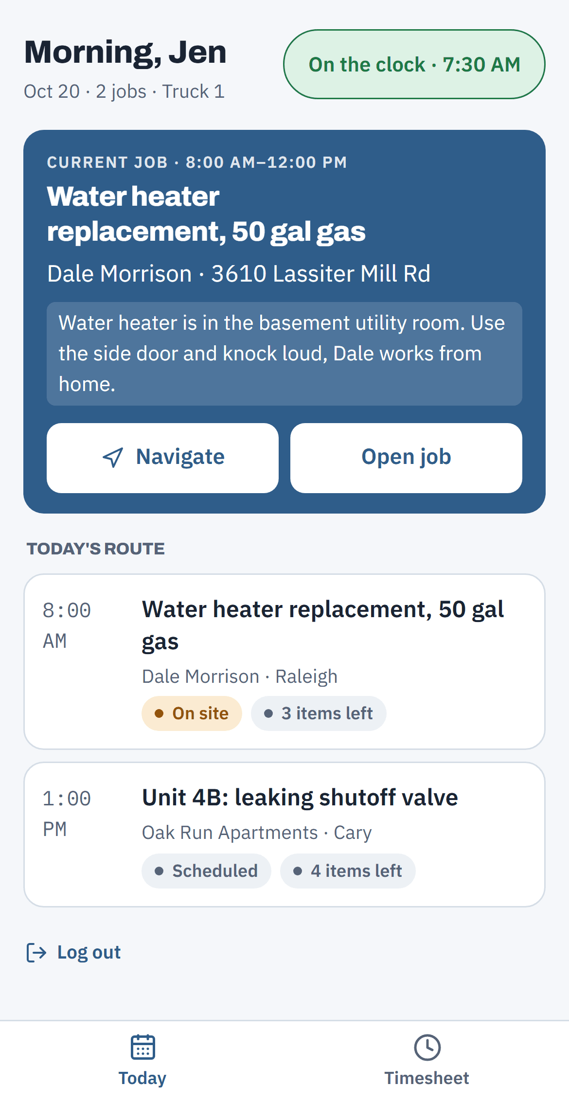 Jen's phone: the water heater job she's on, and her 1 PM in Cary.